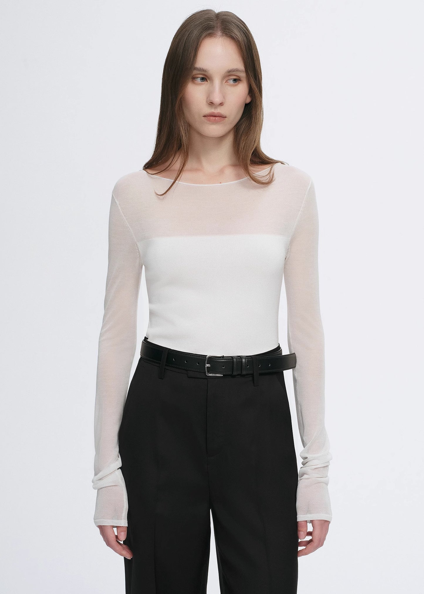 Transparent patchwork acetate Tencel temperament slim fit slim long sleeve T-shirt for women