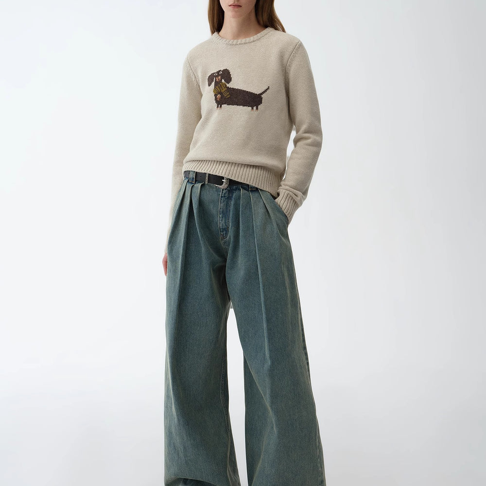 
                  
                    "Brani" Superfine Merino Wool Cotton Blend Animal Jacquard Round Neck Sweater for Women
                  
                
