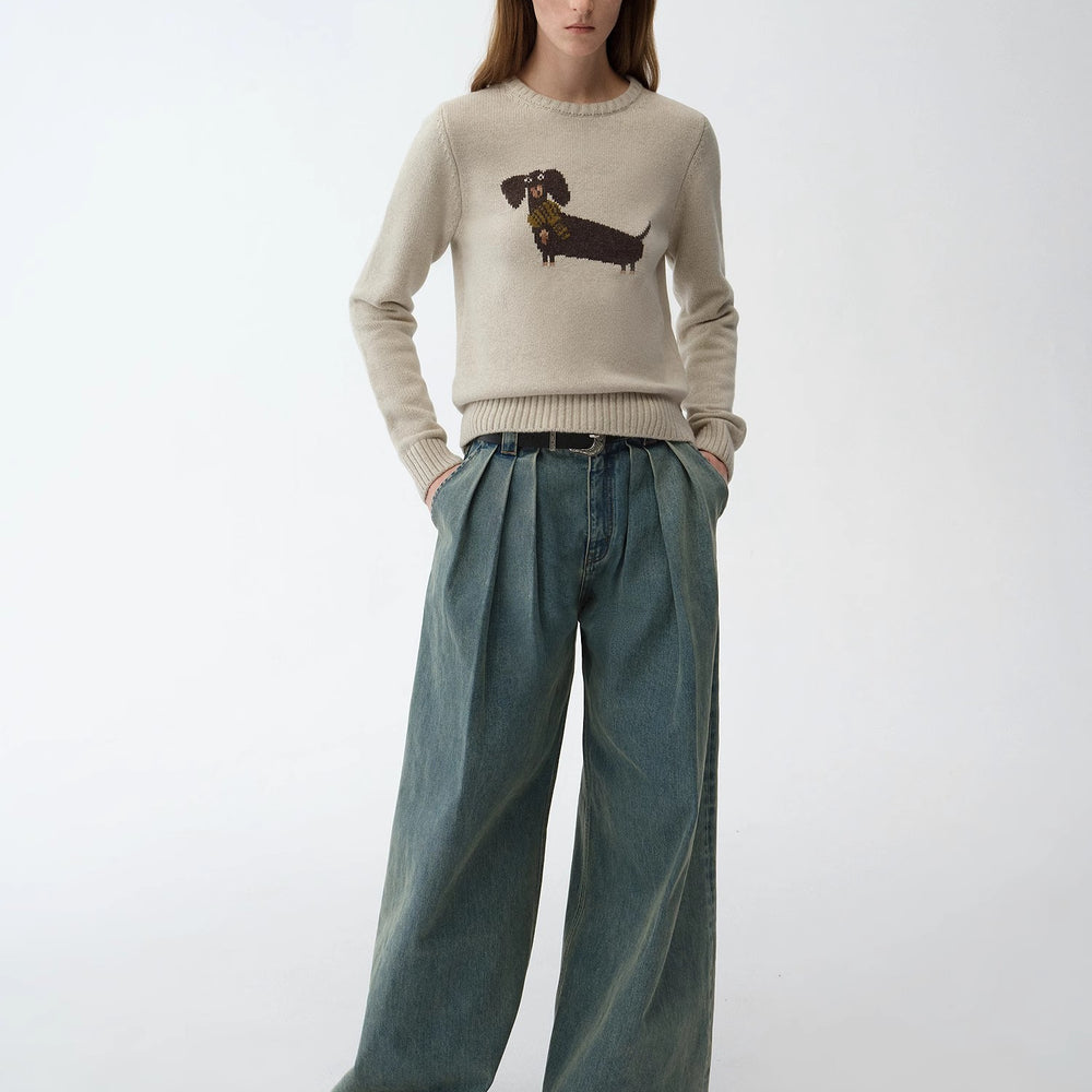 "Brani" Superfine Merino Wool Cotton Blend Animal Jacquard Round Neck Sweater for Women