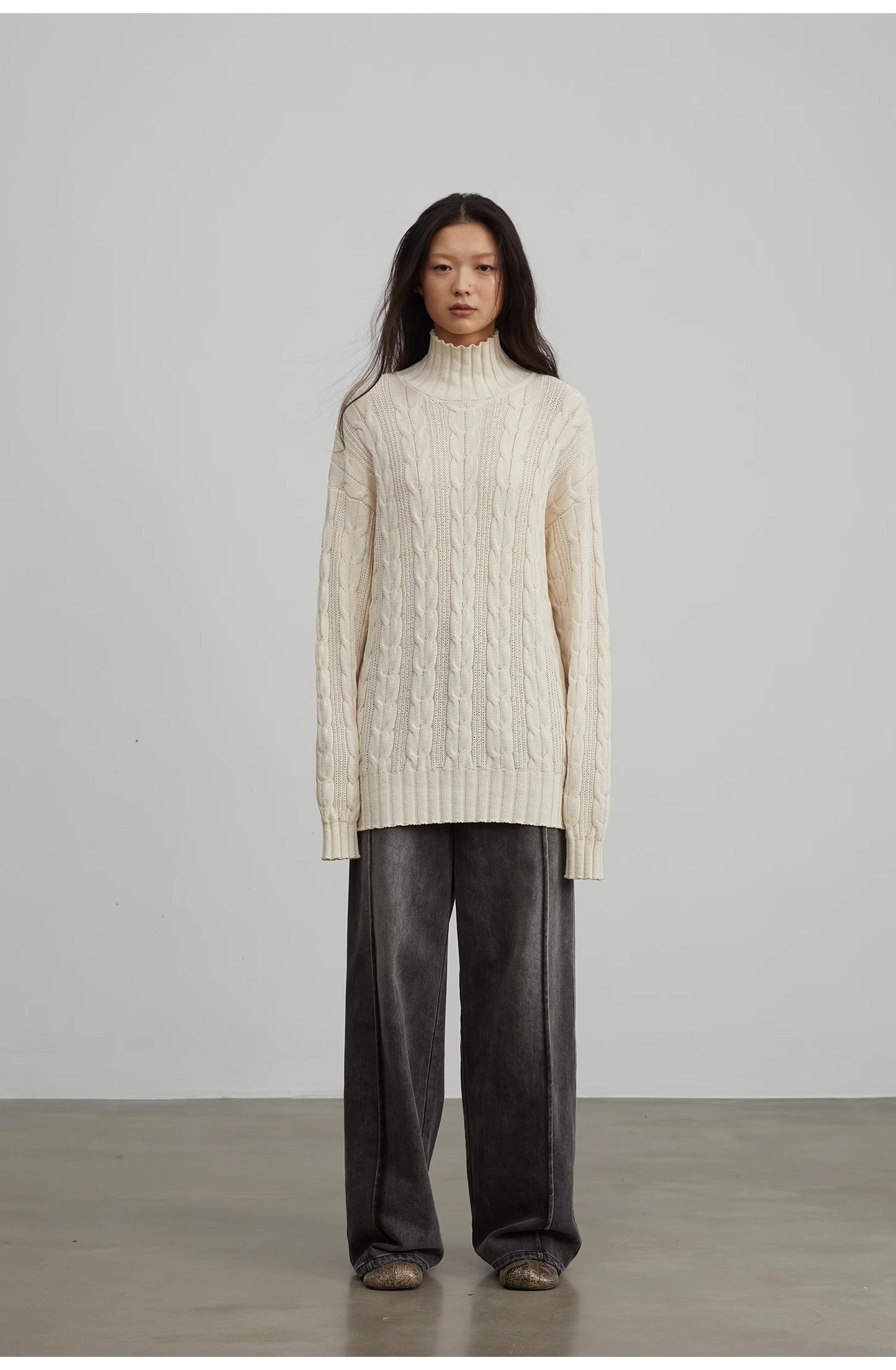 "Warm-Embrace Jacquard"Loose slimming straight high collar fashion top 100% cotton women's winter