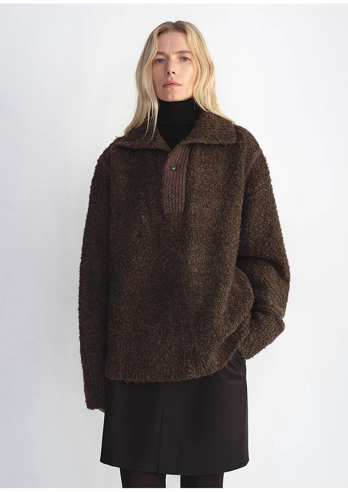 
                  
                    Alpaca wool blended bouclé yarn Spliced POLO shirt Lazy and relaxed sweater
                  
                