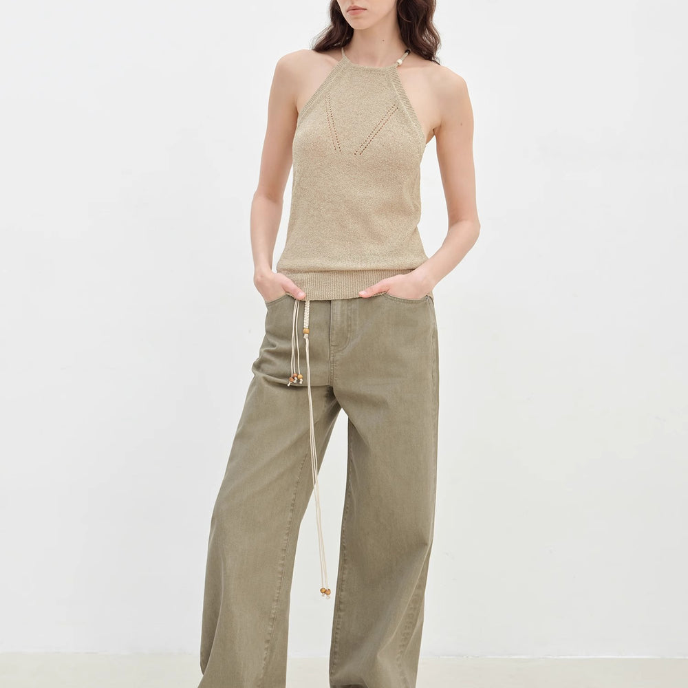 "Moussaka" wooden beaded lace-up halterneck knitted vest