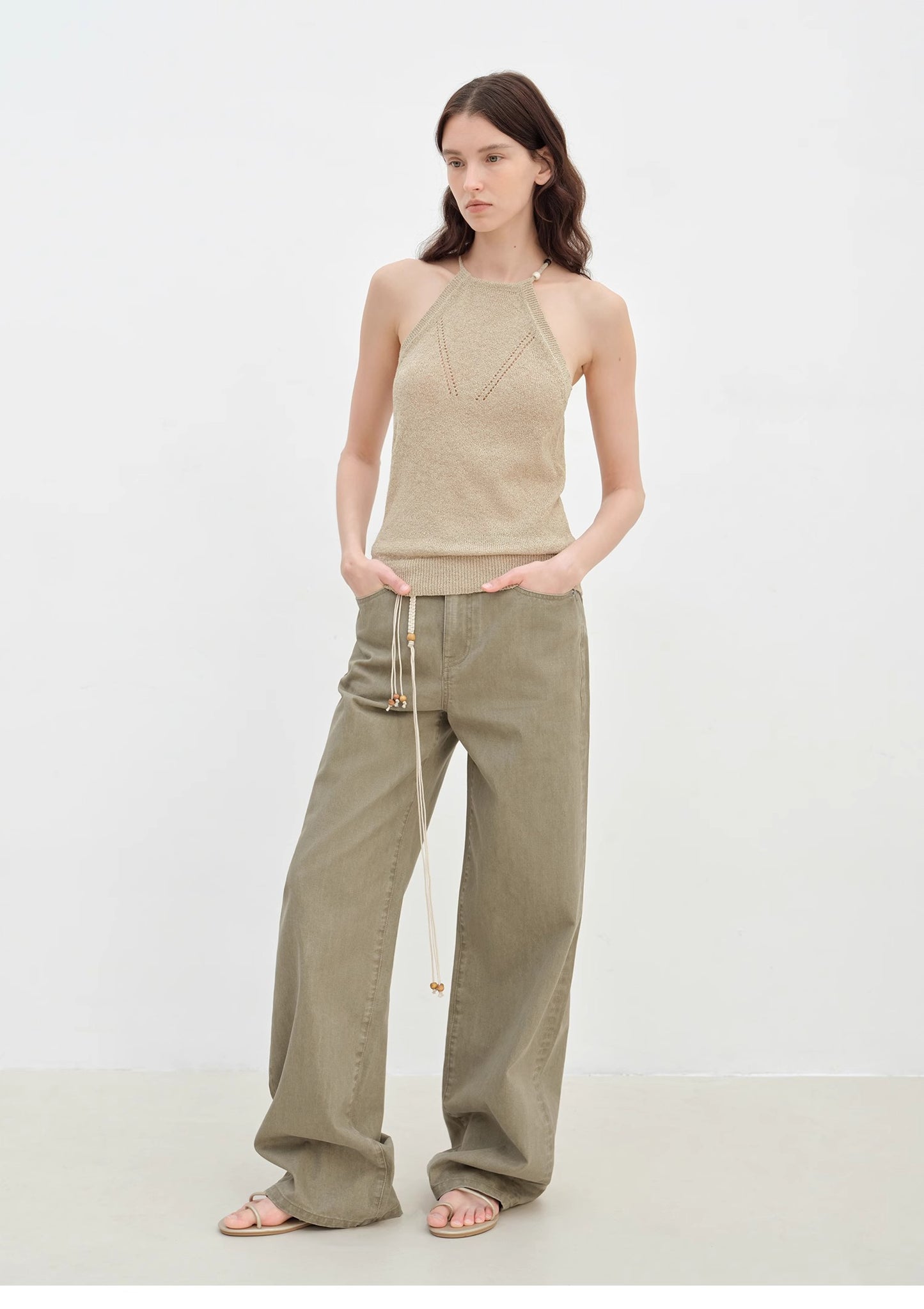 "Moussaka" wooden beaded lace-up halterneck knitted vest