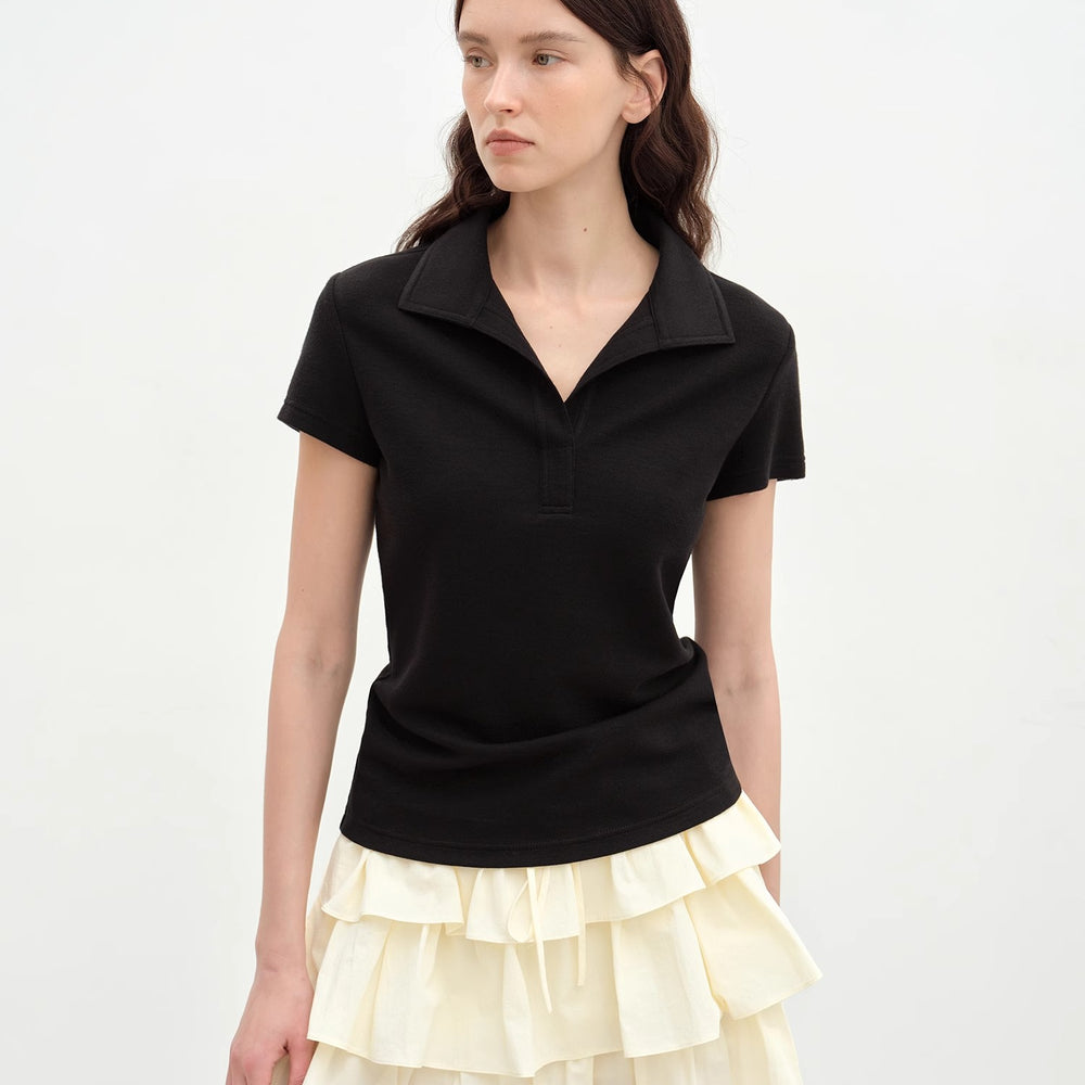 "Dublin" Lapel Straight Shoulder Slim Fit Short Sleeve T-shirt Tops Women