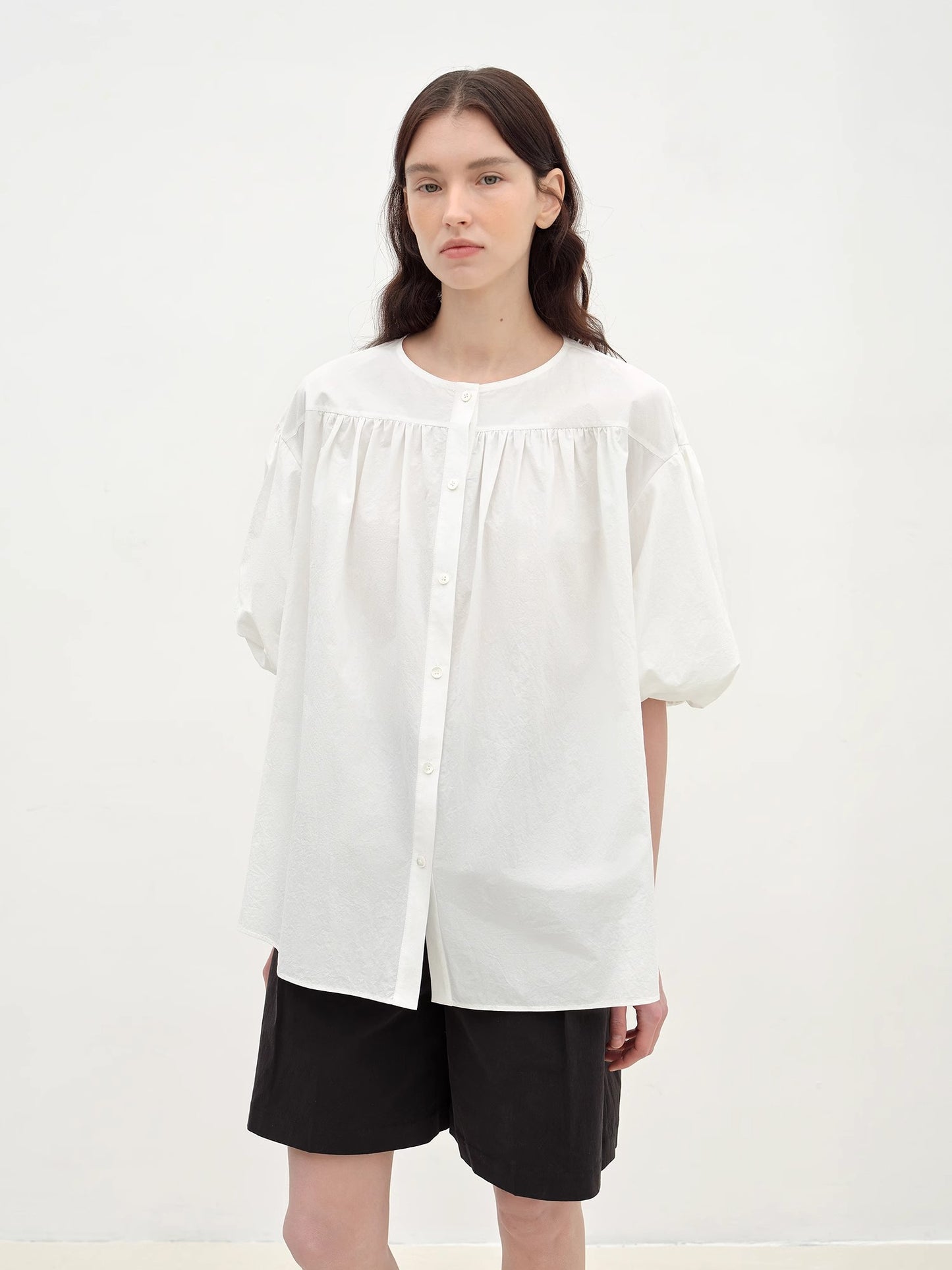 "Romantic Line Drawing" Pure Cotton Slightly Wrinkled Puff Sleeve Short Top for Women