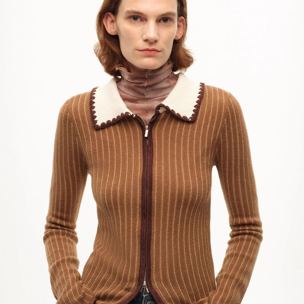 
                  
                    [FF×JW joint striped fabric] Slim-fitting crocheted lapel color-blocked striped comfortable wool knitted cardigan
                  
                