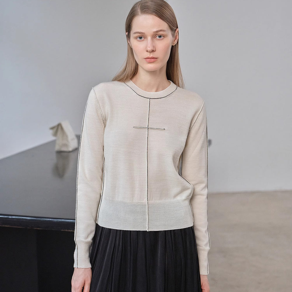 “Imbell"Imported Yangtze 30NM Contrast Stitch Wool Knit Skin-Friendly Short Top