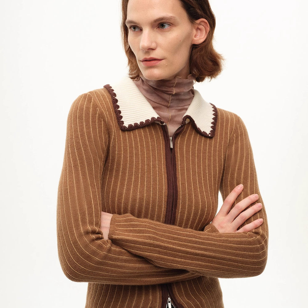 
                  
                    [FF×JW joint striped fabric] Slim-fitting crocheted lapel color-blocked striped comfortable wool knitted cardigan
                  
                