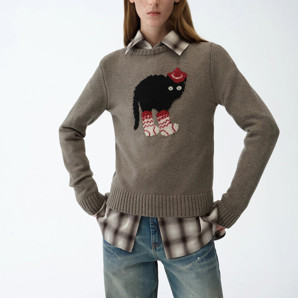
                  
                    "Brani" Superfine Merino Wool Cotton Blend Animal Jacquard Round Neck Sweater for Women
                  
                
