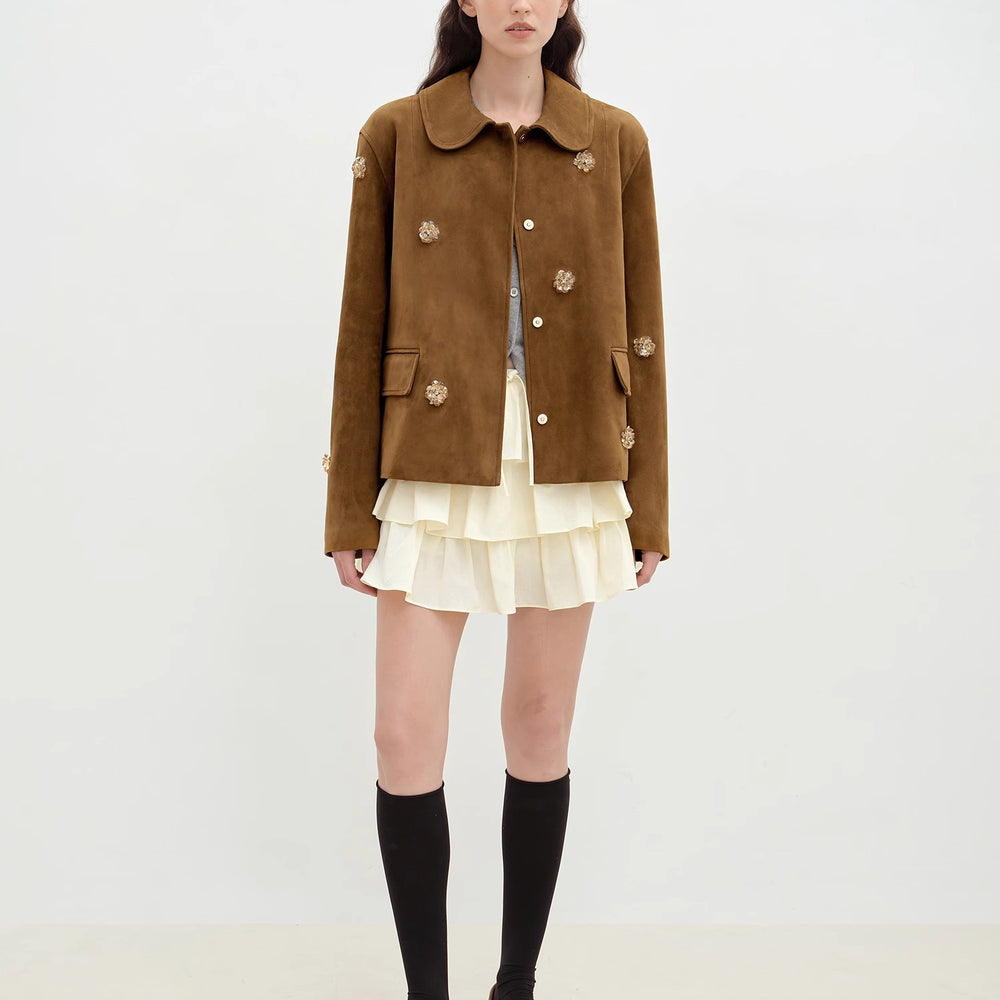 "Velour" high-grade beaded suede leather short leather jacket for women