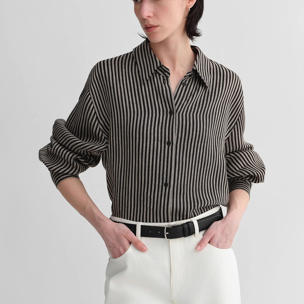 100% linen classic silhouette pinstripe lapel wide breathable long sleeve spring and summer shirt for women