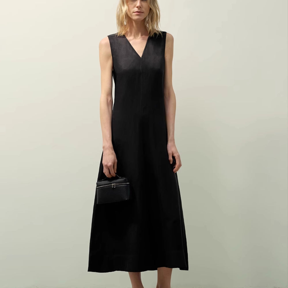Lightweight and zero-pressure cupro linen textured anti-wrinkle V-neck sleeveless A-line dress