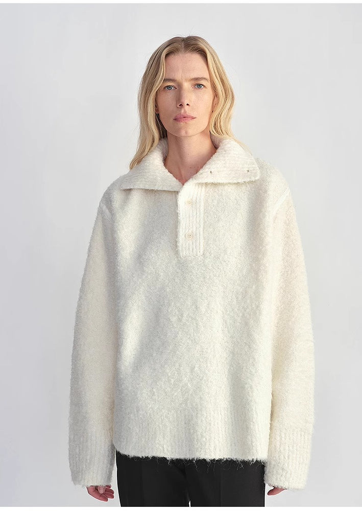 
                  
                    Alpaca wool blended bouclé yarn Spliced POLO shirt Lazy and relaxed sweater
                  
                