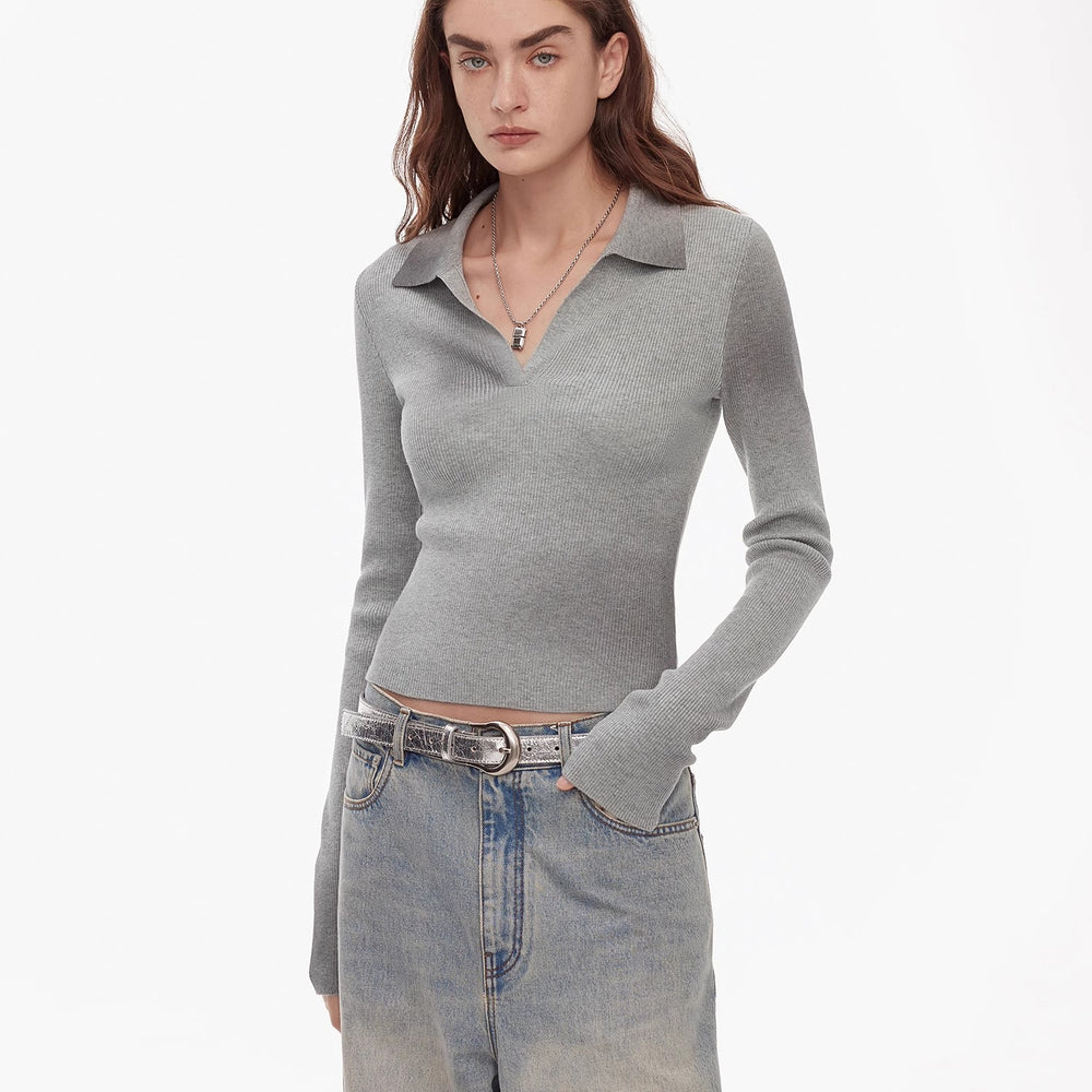 
                  
                    "Artistic Abstract" sfumato distressed printed merino wool waisted polo collar long sleeve short knit sweater
                  
                