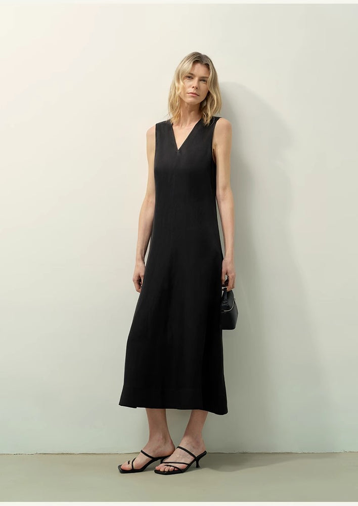 Lightweight and zero-pressure cupro linen textured anti-wrinkle V-neck sleeveless A-line dress