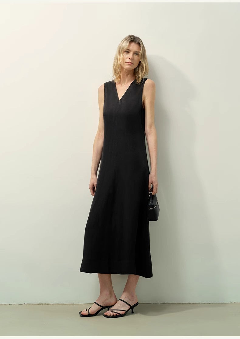 Lightweight and zero-pressure cupro linen textured anti-wrinkle V-neck sleeveless A-line dress
