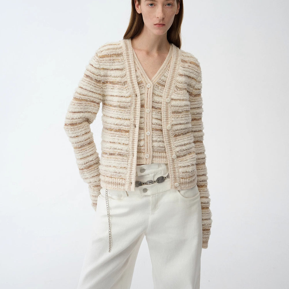 "Nice Weekend" striped mixed woven V-neck early spring layered knitted cardigan top/vest