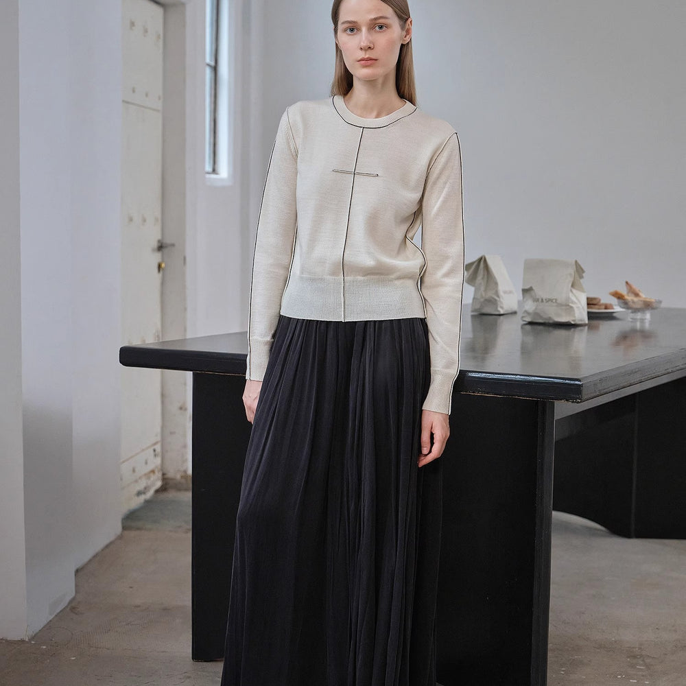 “Imbell"Imported Yangtze 30NM Contrast Stitch Wool Knit Skin-Friendly Short Top