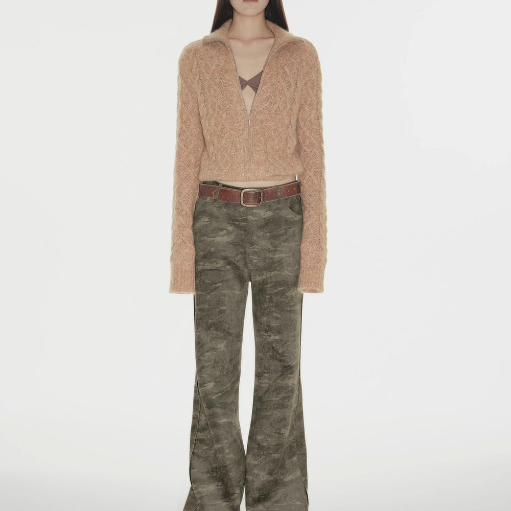 "Green Camouflage"Fashionable and versatile camouflage print chenille suede slim bootcut casual pants