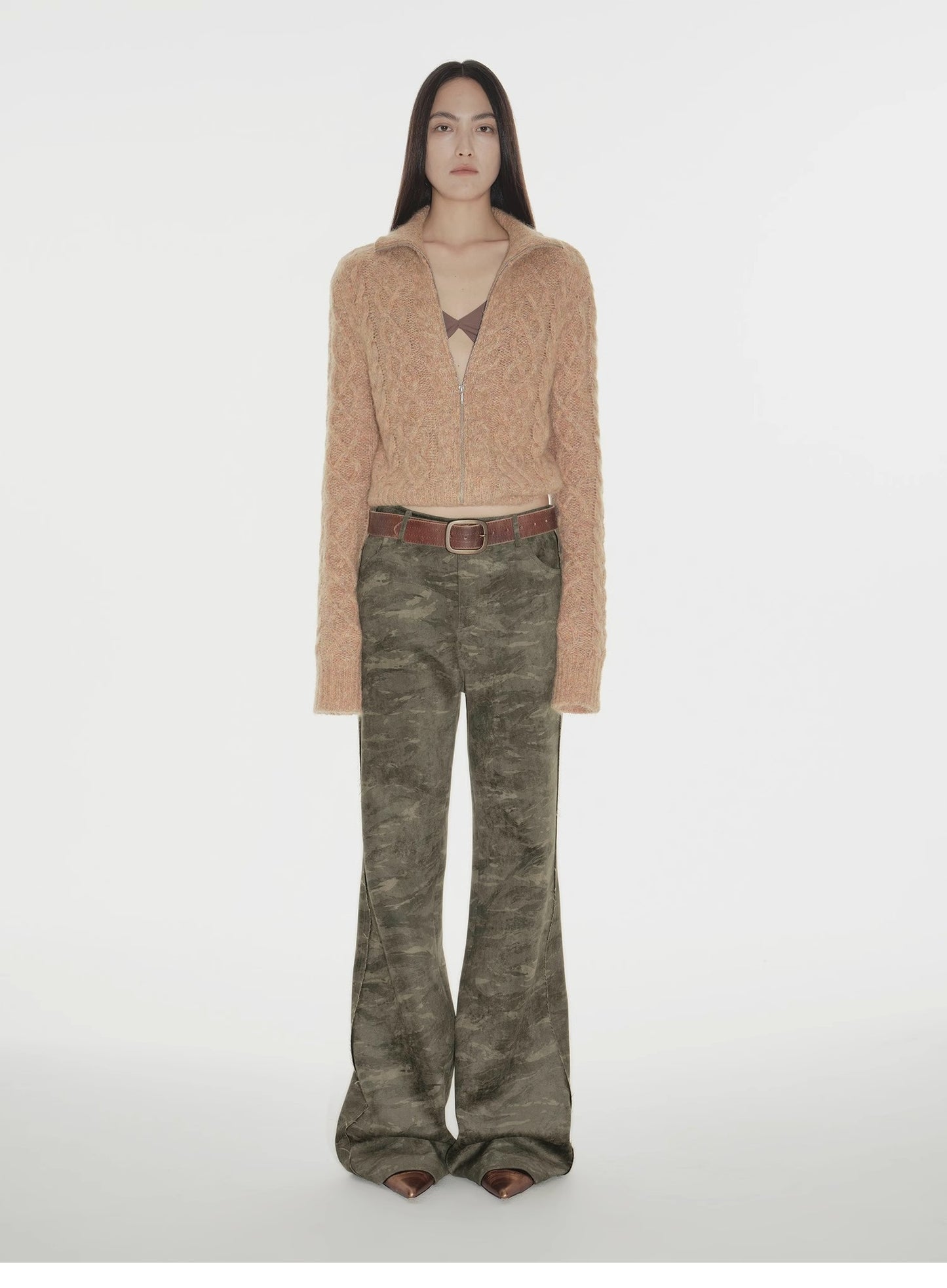 "Green Camouflage"Fashionable and versatile camouflage print chenille suede slim bootcut casual pants
