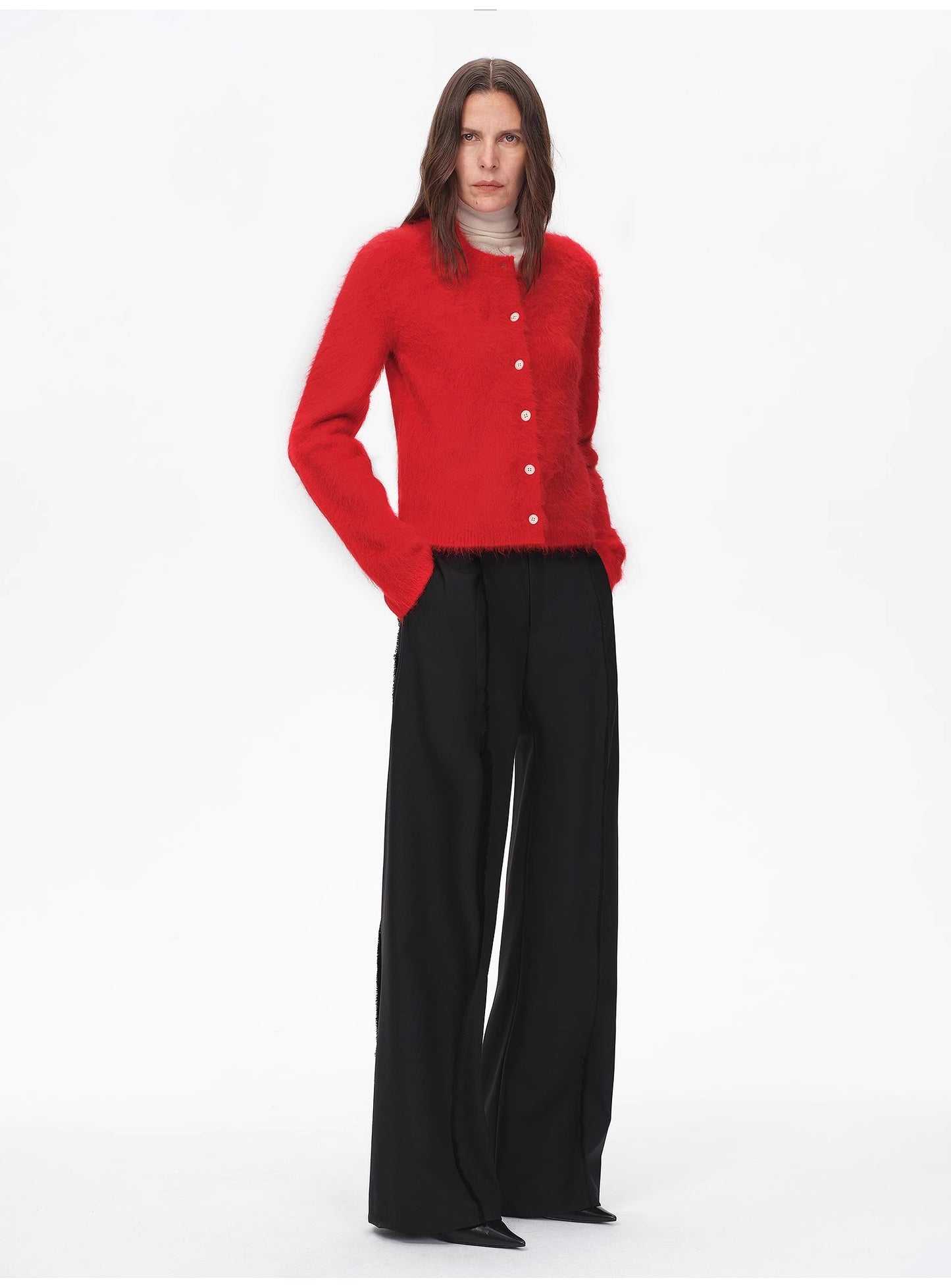 Albaca Alpaca Brushed Round Neck Straight Cardigan Women's Sweater