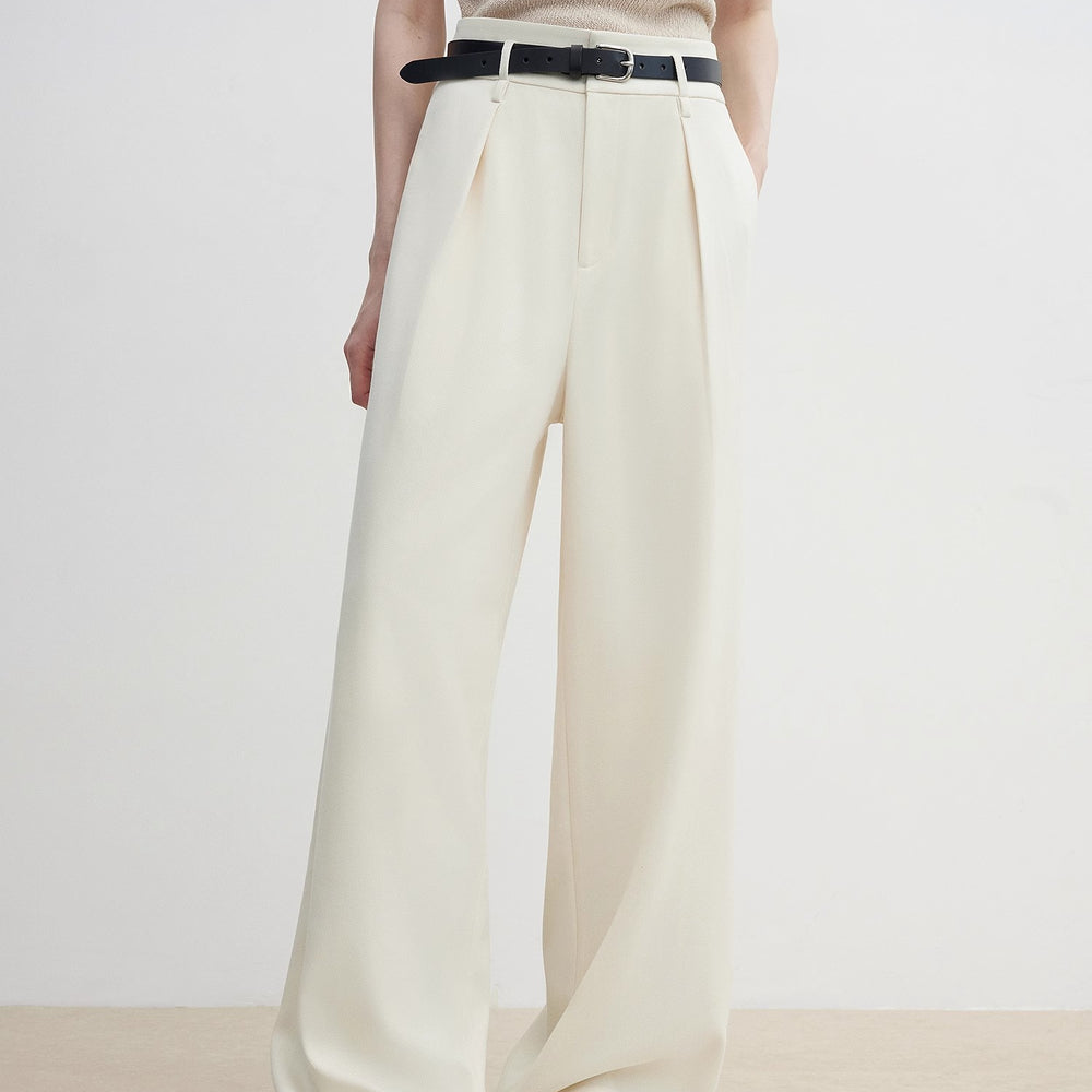 Women's white straight casual wide waist drape floor-length wide leg pants