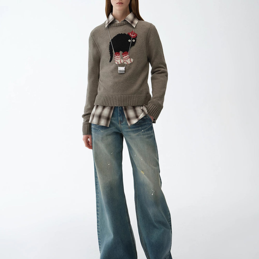 
                  
                    "Brani" Superfine Merino Wool Cotton Blend Animal Jacquard Round Neck Sweater for Women
                  
                