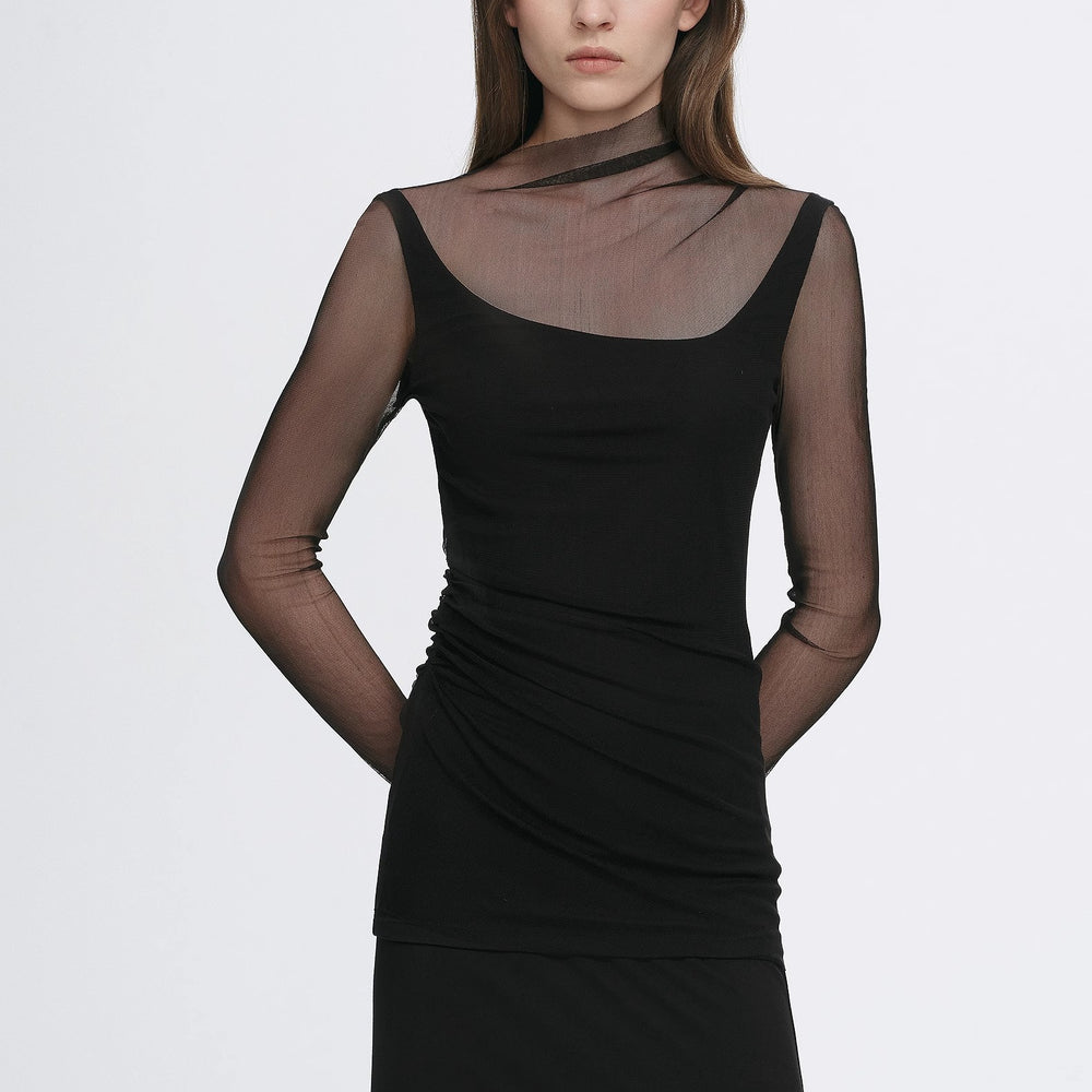Double-layer transparent oblique collar pinched pleat half-high collar slim fit fake two-piece knitted T-shirt tops for women