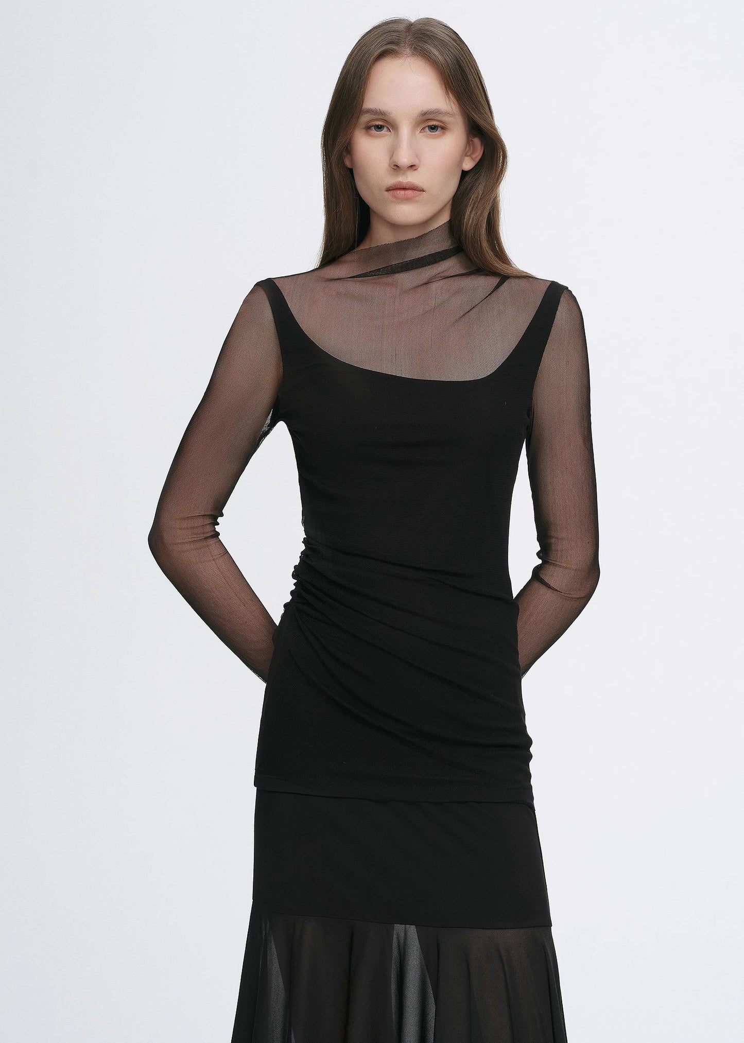 Double-layer transparent oblique collar pinched pleat half-high collar slim fit fake two-piece knitted T-shirt tops for women
