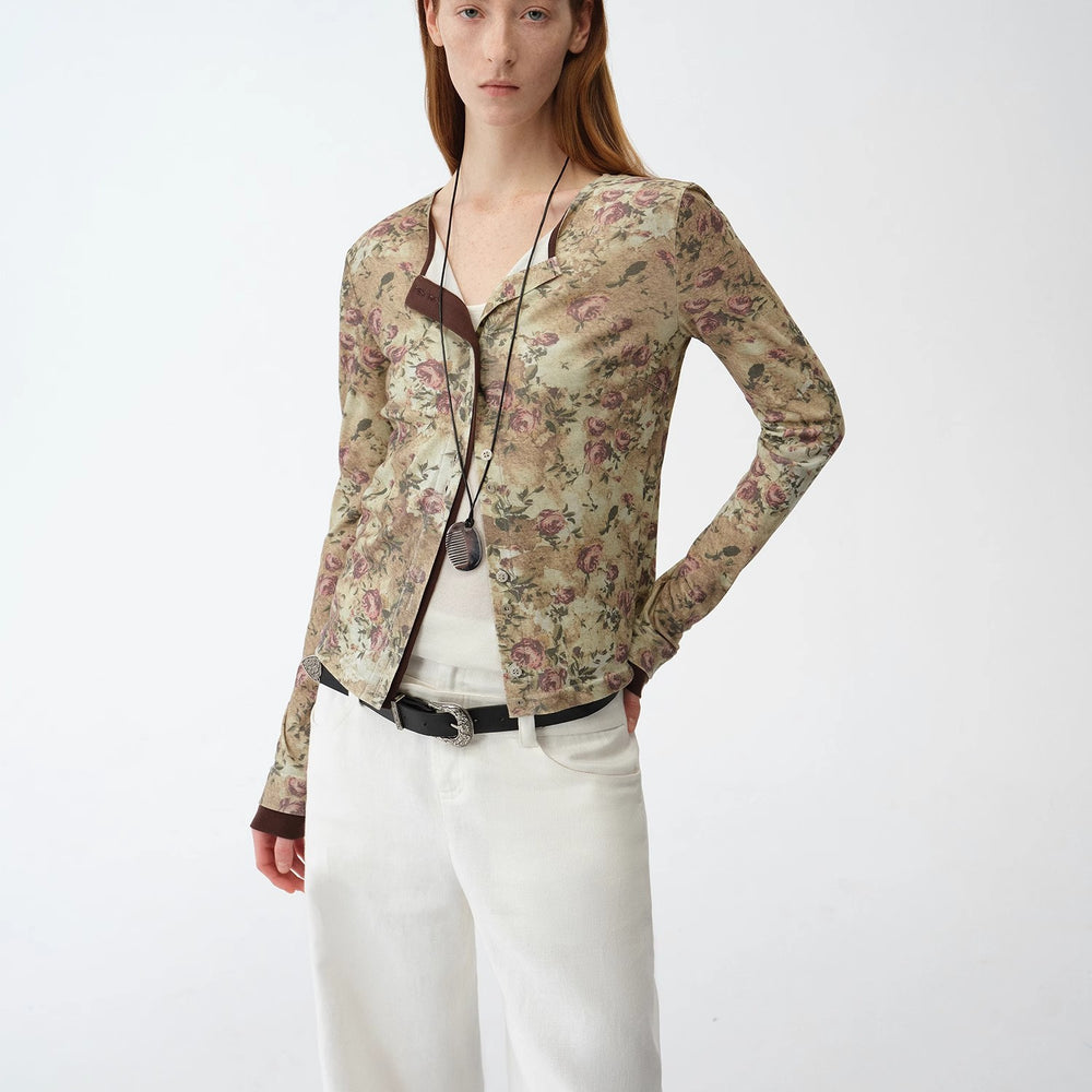 "Senna Flower House" original retro ethnic print Tencel Merino wool blend long-sleeved shirt