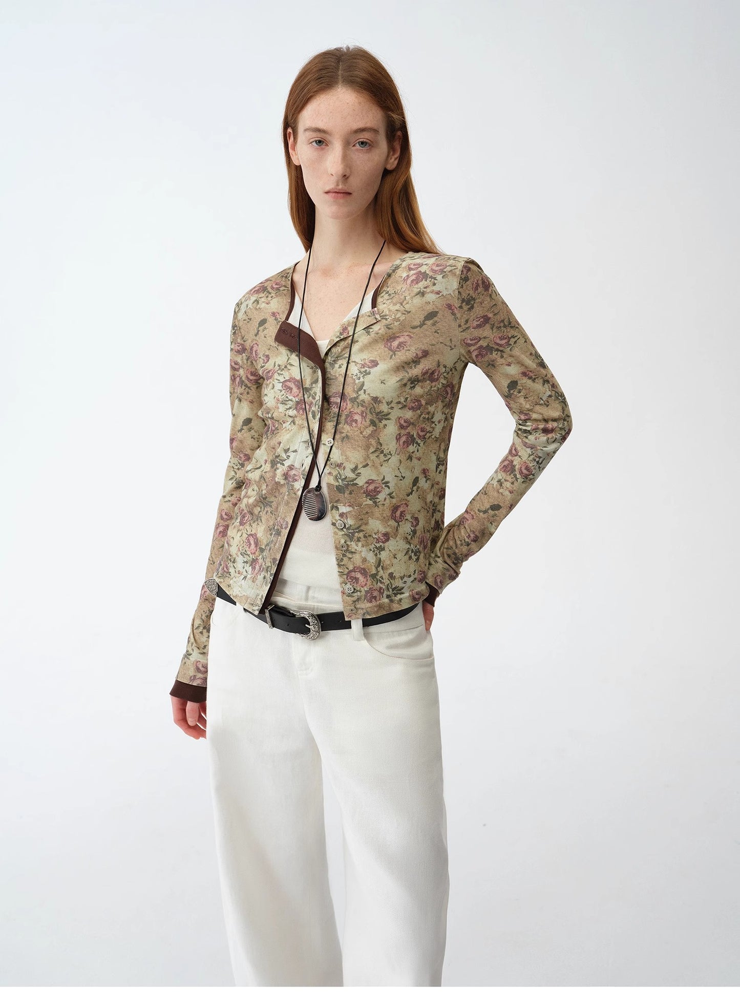"Senna Flower House" original retro ethnic print Tencel Merino wool blend long-sleeved shirt