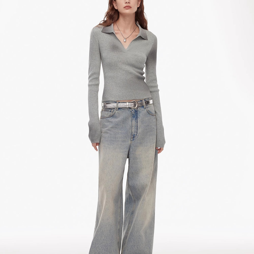 "Artistic Abstract" sfumato distressed printed merino wool waisted polo collar long sleeve short knit sweater