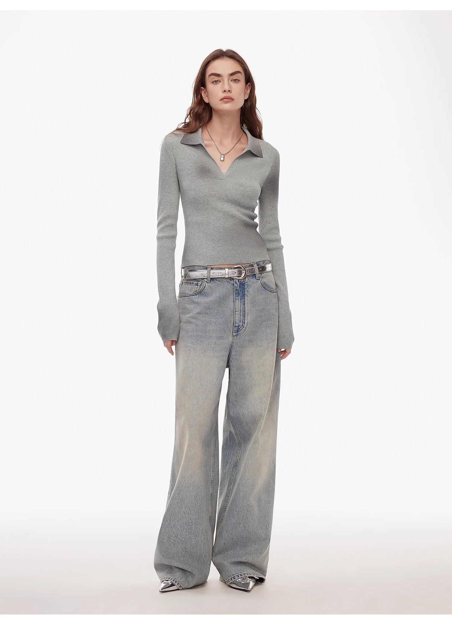 "Artistic Abstract" sfumato distressed printed merino wool waisted polo collar long sleeve short knit sweater