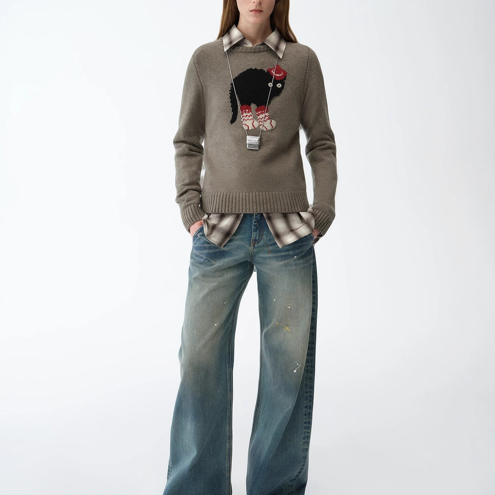 
                  
                    "Brani" Superfine Merino Wool Cotton Blend Animal Jacquard Round Neck Sweater for Women
                  
                