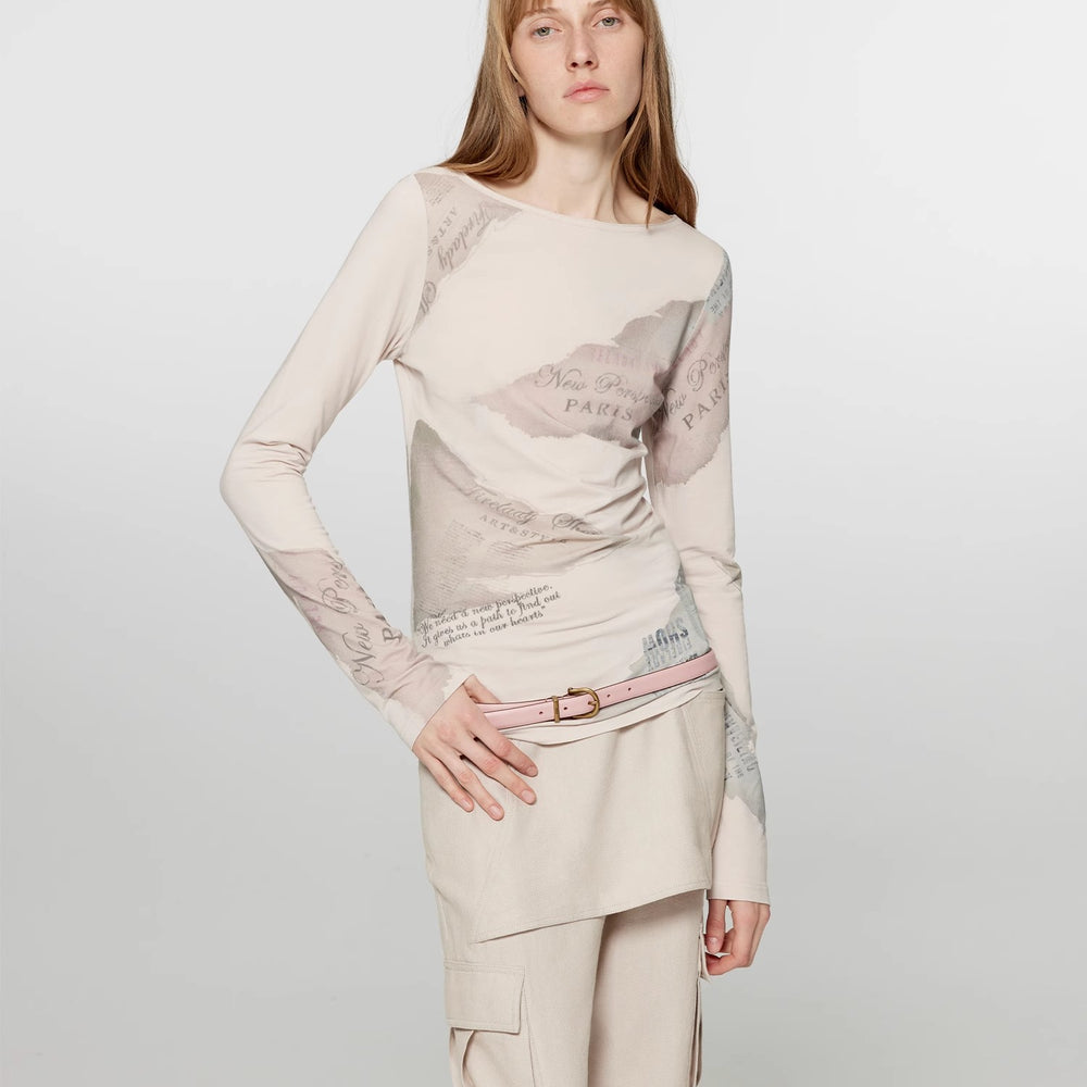 "Letter from Morning and Evening" Silk Cotton Blended/Original Printed One-line Collar Long Sleeve T-Shirt Women's Fitted Top Spring