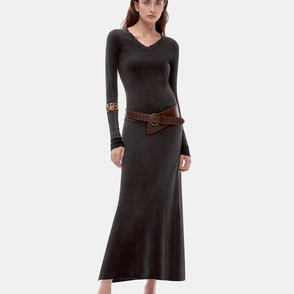 "Kalle Morning" fashionable fermented washed distressed raw edge V-neck waist dress for women