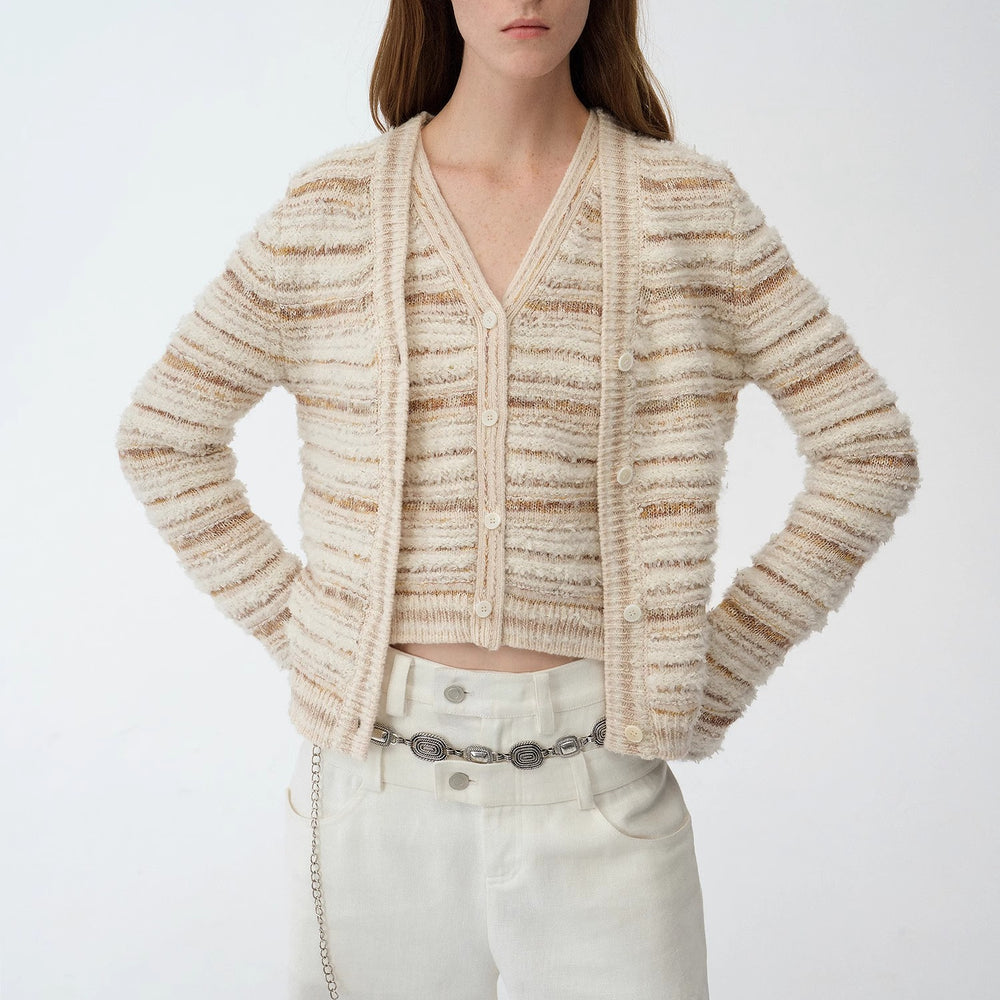 "Nice Weekend" striped mixed woven V-neck early spring layered knitted cardigan top/vest