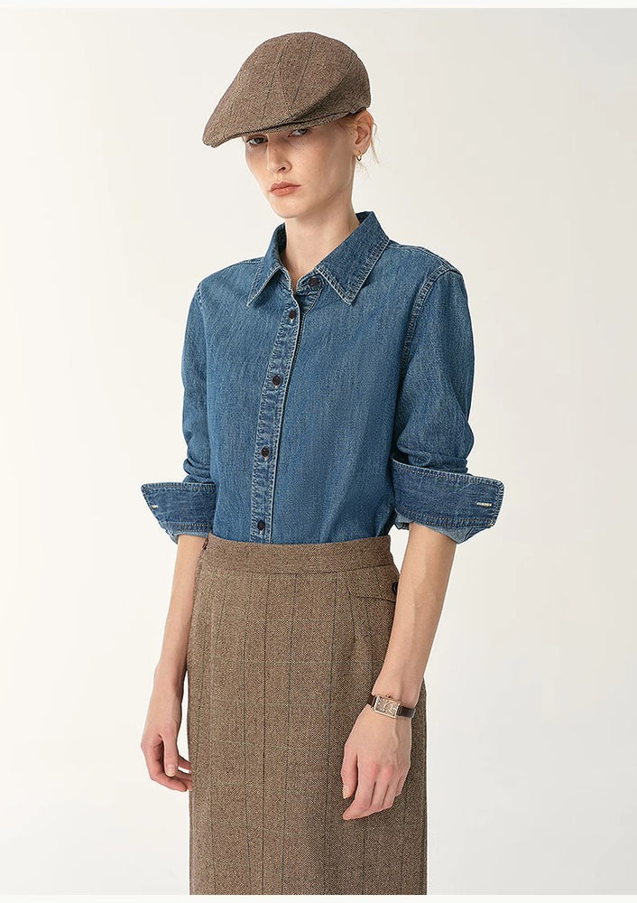 
                  
                    Italian imported BERTO denim classic old money style lapel shirt for women
                  
                