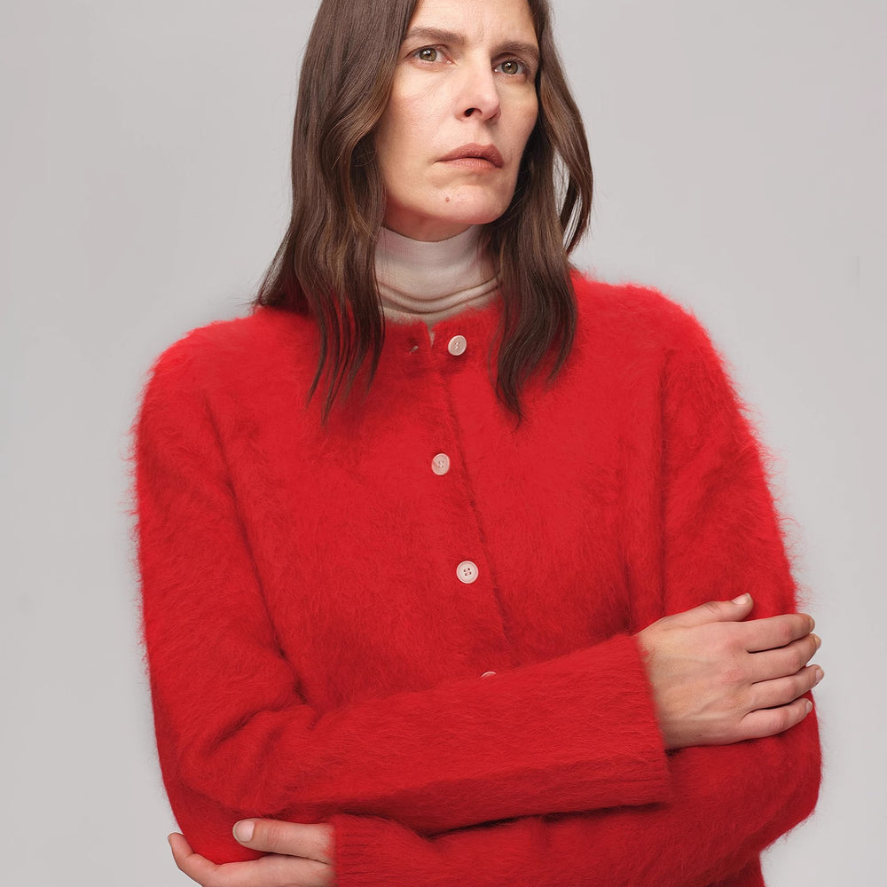 Albaca Alpaca Brushed Round Neck Straight Cardigan Women's Sweater