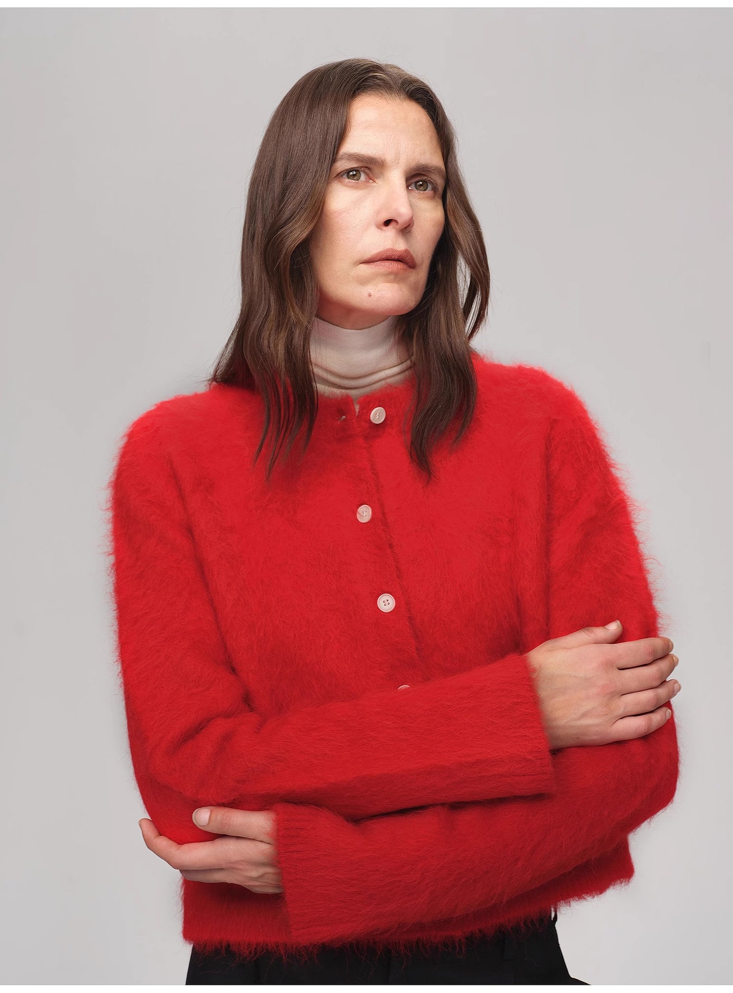 Albaca Alpaca Brushed Round Neck Straight Cardigan Women's Sweater