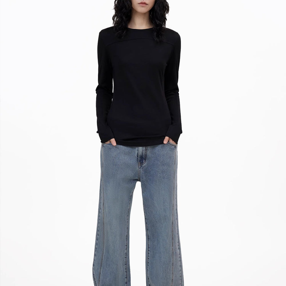 
                  
                    Round neck deconstructed long sleeve T-shirt for women Slim fit and versatile top
                  
                