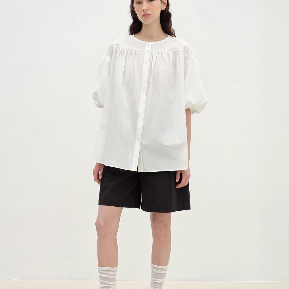 "Romantic Line Drawing" Pure Cotton Slightly Wrinkled Puff Sleeve Short Top for Women