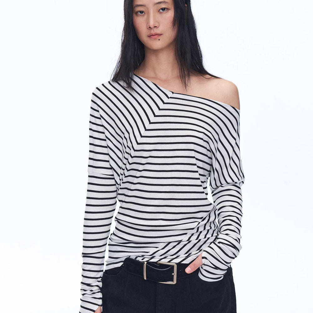 "Picasso Lines" fashionable off-shoulder Lyocell Tencel wool blended draped patchwork striped T-shirt
