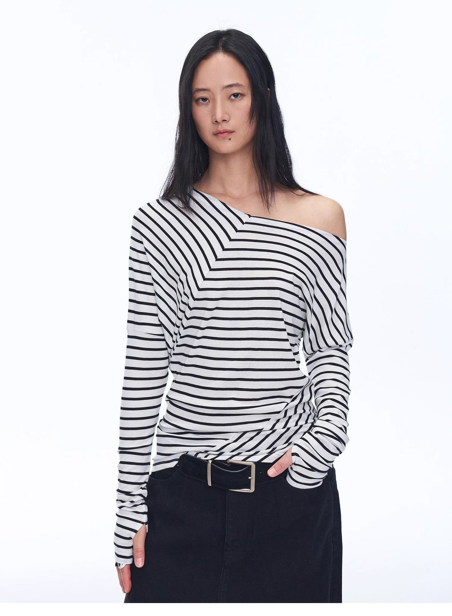 "Picasso Lines" fashionable off-shoulder Lyocell Tencel wool blended draped patchwork striped T-shirt