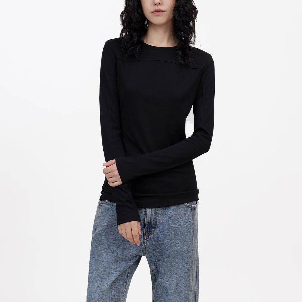 
                  
                    Round neck deconstructed long sleeve T-shirt for women Slim fit and versatile top
                  
                
