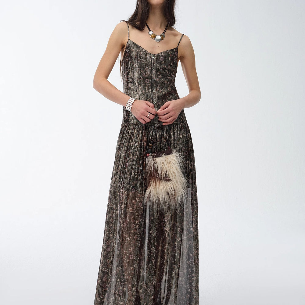 "Floating Lights" Retro Paisley Print Silk Holiday Sling Dress
