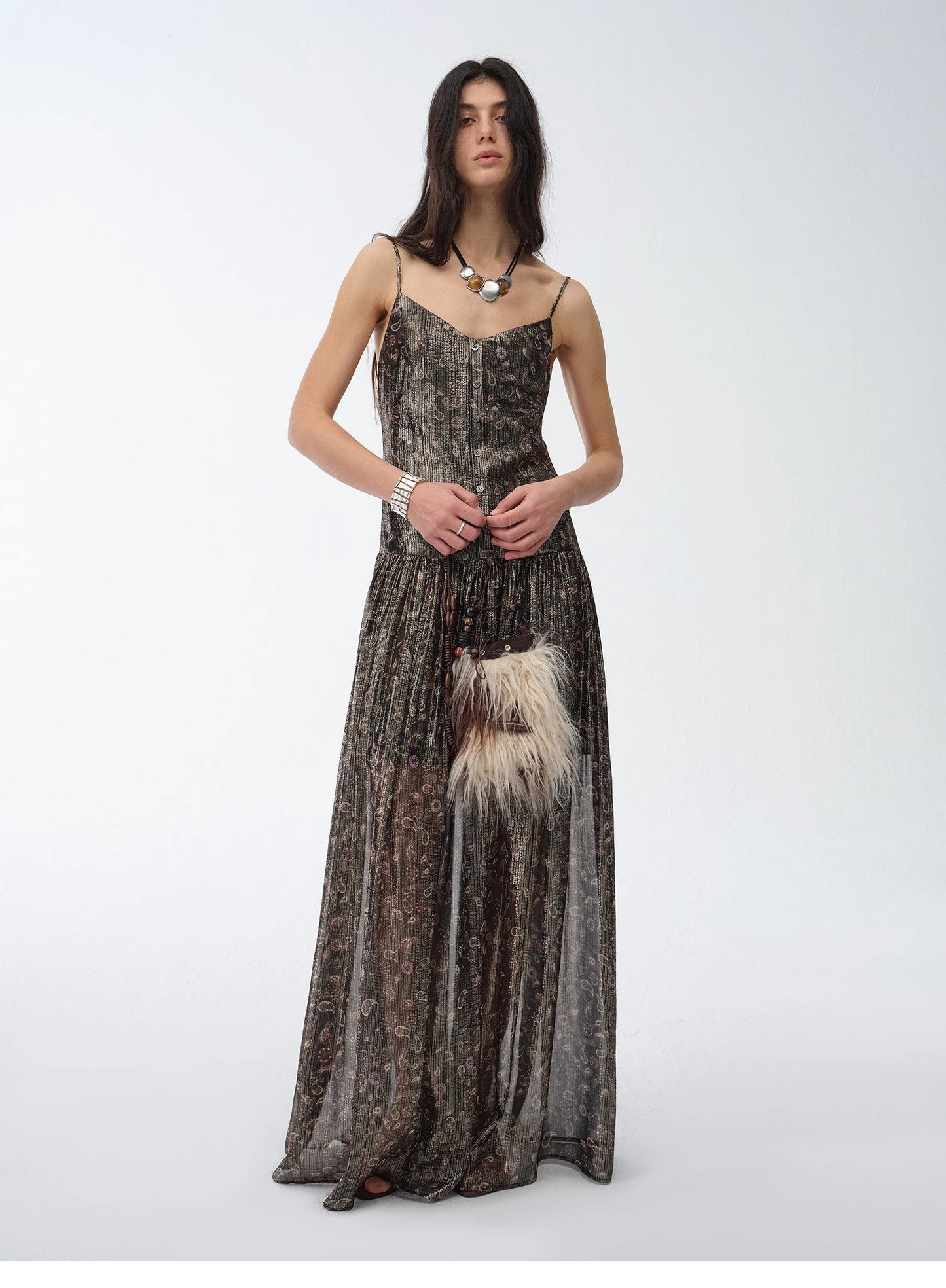 "Floating Lights" Retro Paisley Print Silk Holiday Sling Dress