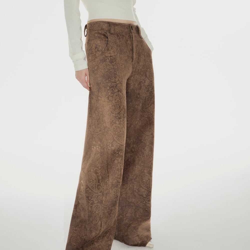 
                  
                    "Vintage Walk" Retro nostalgic chenille suede mid-rise cashew smudge print scimitar pants
                  
                