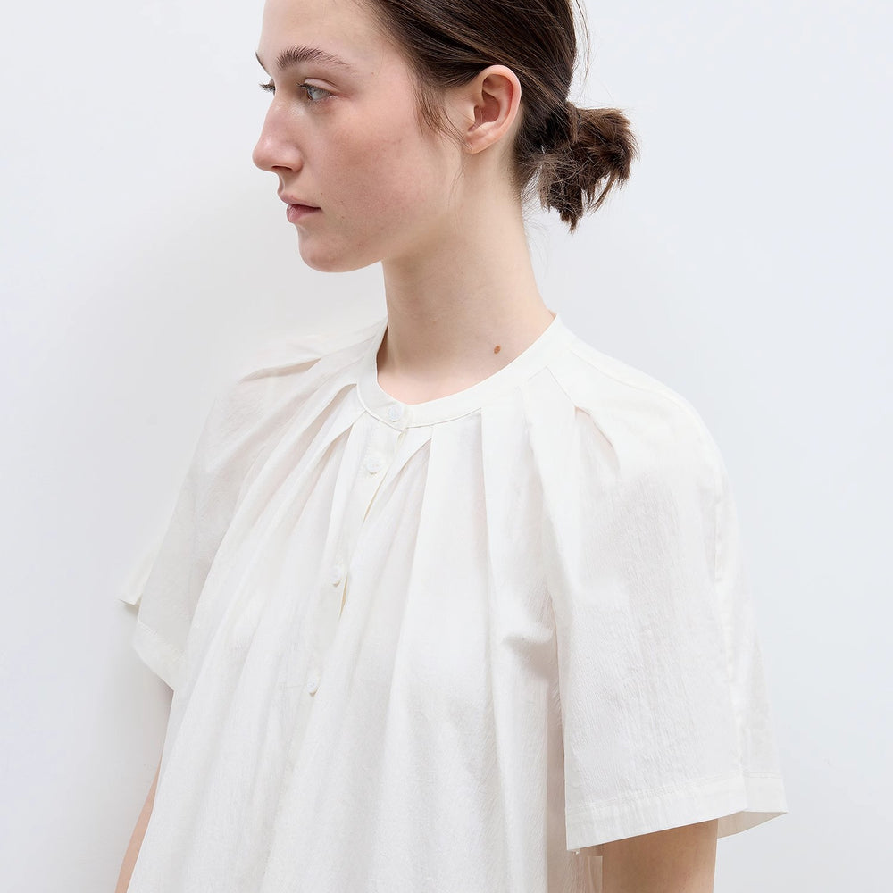 "First Love Island" Cotton Stand Collar Pleated Short Sleeve Shirt Dress for Women