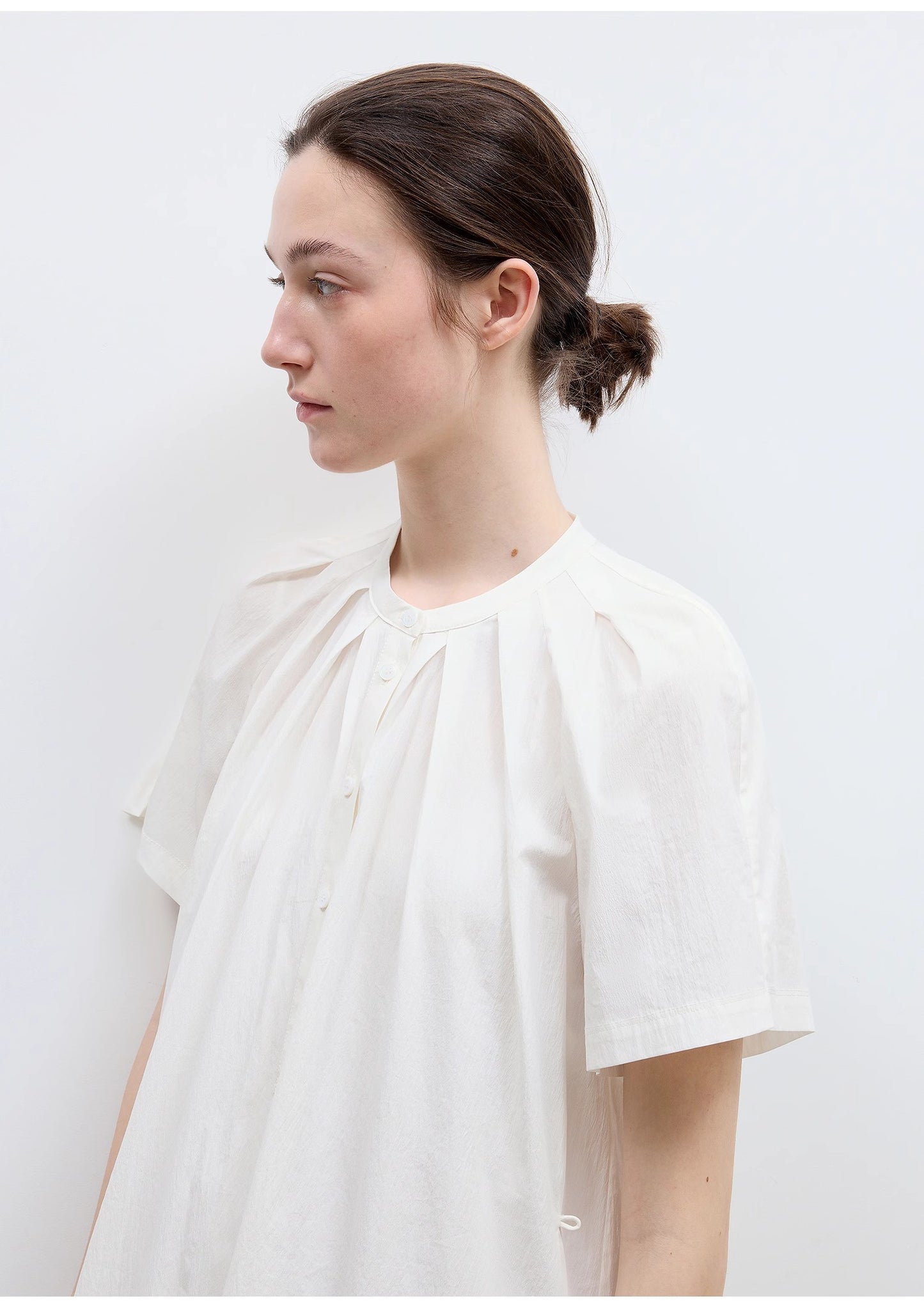 "First Love Island" Cotton Stand Collar Pleated Short Sleeve Shirt Dress for Women